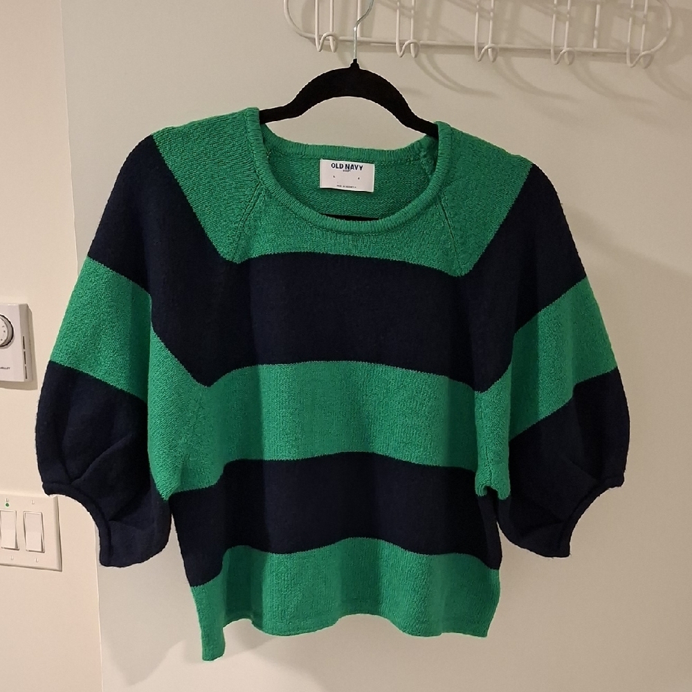 Old Navy So Soft Navy & Emerald Green Striped Puff-sleeve Sweater (Size L)